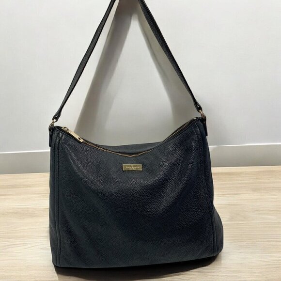 Kate Spade Black Leather hobo Shoulder Bag Pink Jacquard Lining WKRU3028 - Picture 13 of 16